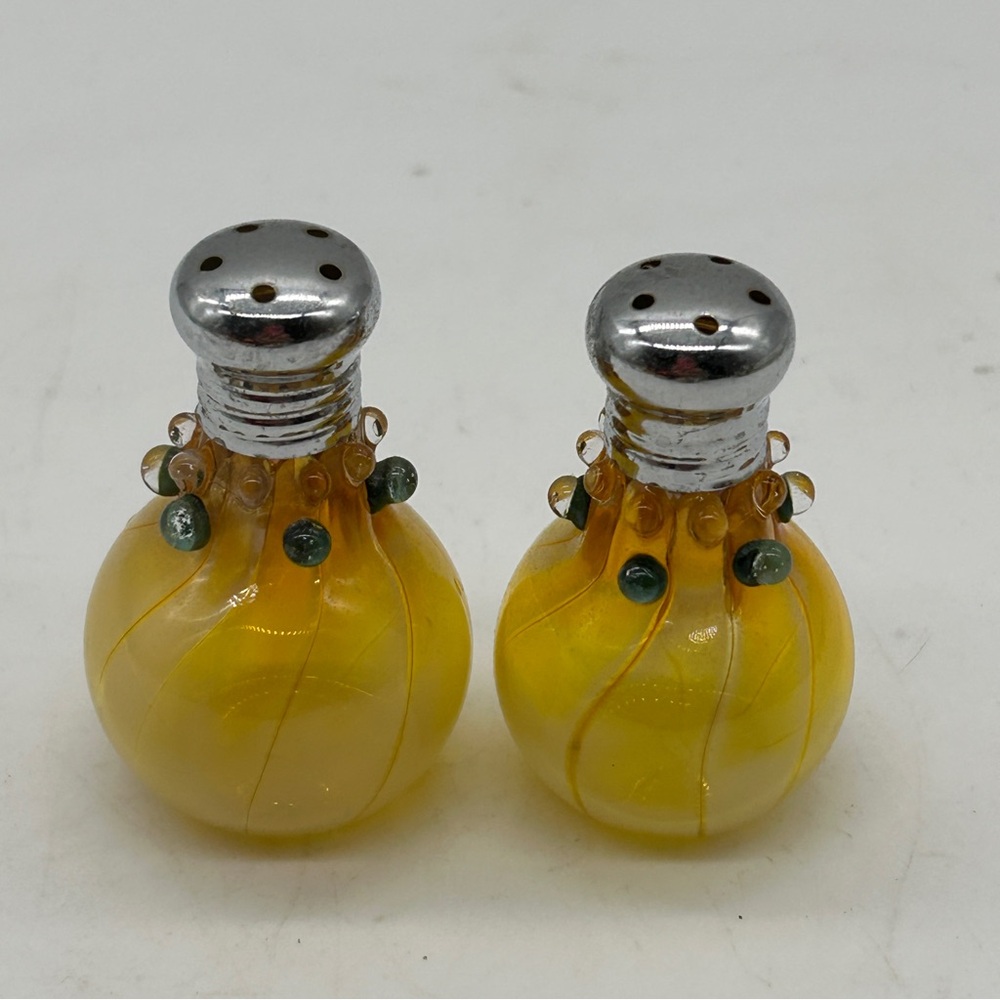 Salt Pepper Shakers Miniature Hand Blown Glass Lampworking Iridescent Gold
